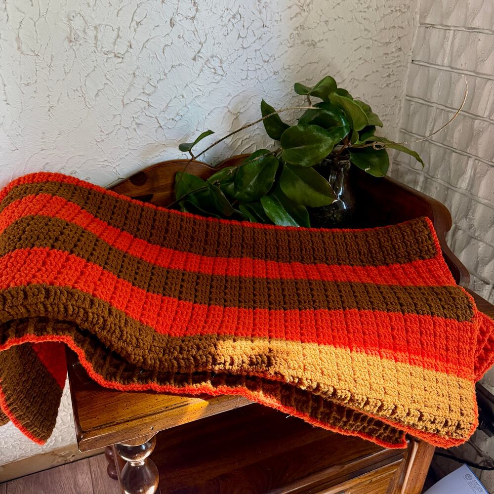 Vintage Handmade Crochet Afghan Throw Blanket Orange Brown Retro 70s 46x36